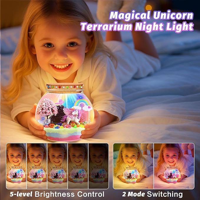 Unicorn Light-Up Terrarium Kit for Kids - Multicolor LED Night Light Birthday Gifts - Unicorn Toys for Girls Ages 4-6 7 8 9 10 Year Old - Kids Arts and Crafts Kit