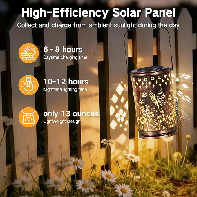 OUTONLIFE Hummingbird Solar Lanterns Outdoor Waterproof, Metal Hanging Solar Lights for Outside Garden, Yard, Patio, Backyard, Porch Decor, Birthday Gifts for Women Mom Grandma