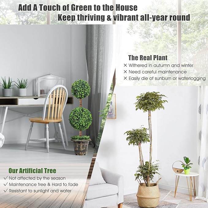 DREAMADE 3ft Boxwood Topiary Tree Artificial Outdoor & Indoor, Weatherproof Faux Plant Ball Tree w/Cement-Filled Plastic Pot, Fake Shrub Plant for Front Porch Garden Home Office Wedding Backyard