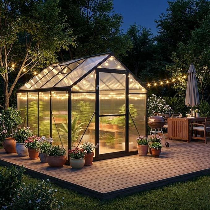 6x8 FT Greenhouse, Polycarbonate Walk-in Greenhouse for Outdoors with Roof Vent & Lockable Outward-Opening Swing Door, Heavy-Duty Aluminum Green House for Garden, Backyard, Patio, Lawn, Dark Grey