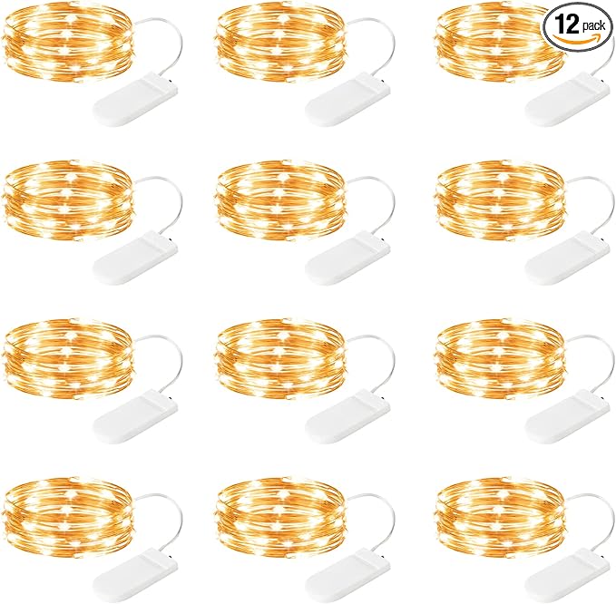 12 Pack Fairy Lights Battery Operated String Lights, 7ft 20 Led Fairy String Lights, Waterproof Copper Wire Firefly Starry String Light for DIY Wedding Party Bedroom Christmas (Warm White)