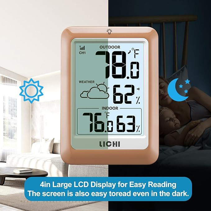 Indoor Outdoor Thermometer Wireless Weather Station, Internal External Thermometer Hygrometer, Home Batteryoperated Temperature Humiditymonitors330 Feet (About 100 Meters) Backlight Display
