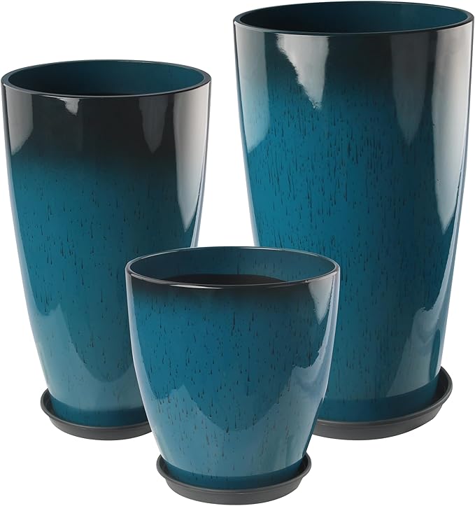 Goldshire 24-21-11 Inch Tall Planters Set of 3, Indoor Outdoor Blue Glossy Round Planter with Drainage Hole and Saucer, Large Decorative Plant Pots for Home Garden Porch