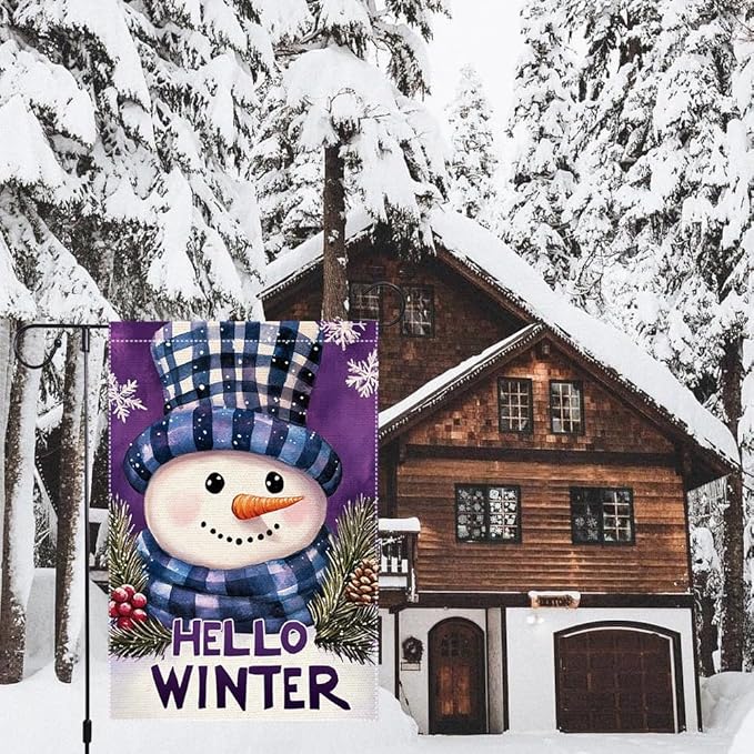 Winter Garden Flag 12x18 Inch Double Sided Small Burlap Outdoor Seasonal Decoration Cute Snowman Design with Plaid Hat and Scarf Hello Winter Welcome Flag for Yard Patio Front Porch
