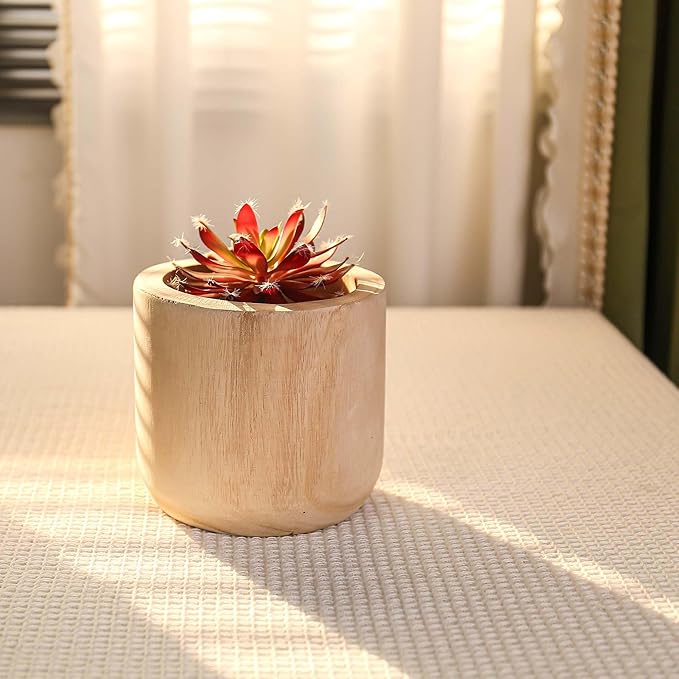 CYS EXCEL 6.25'' Natural Cylinder Planter Lightweight Natural Wood Cachepot for Indoor Plants, Succulents, Herbs, Home & Office Decor
