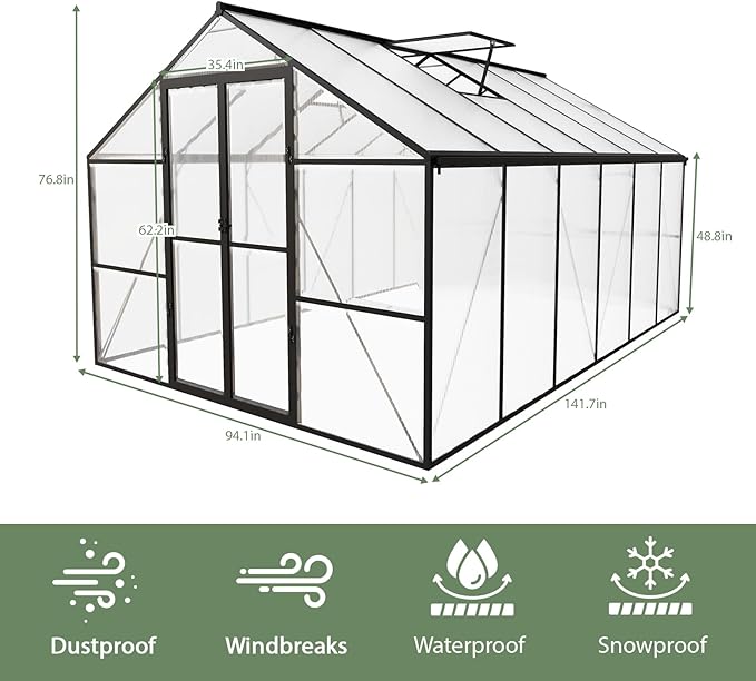8 x 12 FT Outdoor Greenhouse, Heavy-Duty Polycarbonate Greenhouse with Aluminum Frame, Lockable Door, Adjustable Roof Vent, Walk-in Green House for Backyard, Garden, Patio
