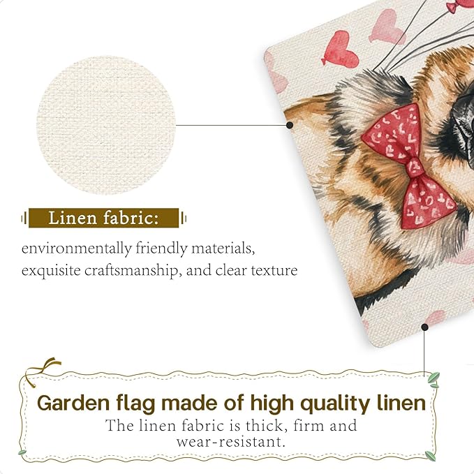 Valentine's Day German Shepherd Hello Love Garden Flag, House Yard Plaid Love Heart Outside Decoration, Spring Holiday Wedding Anniversary Outdoor Small Decor 12x18(12626)