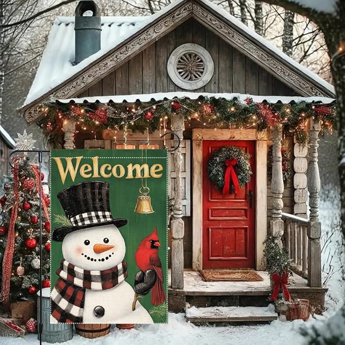 Welcome Snowman Garden Flag Double Sided 12x18 Inch Burlap Winter Outdoor Yard Decoration with Cardinal Bird and Bell Christmas Holiday Decor