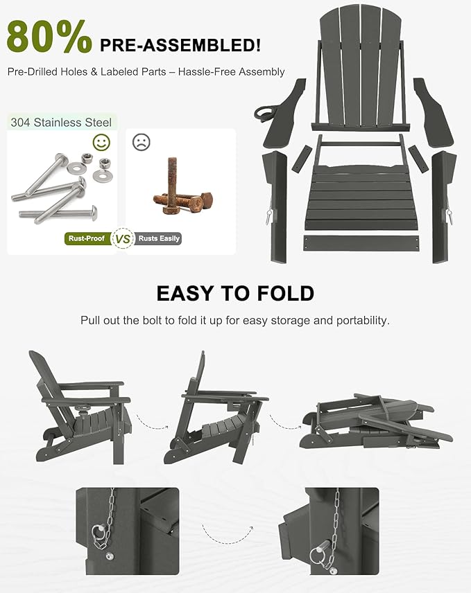 Folding Adirondack Chairs Set of 2 - Plastic Adirondack Chairs with Cup Holder, Weather Resistant for Outdoor, Patio, Lawn, Garden, Backyard Deck, Fire Pit - Dark Gray