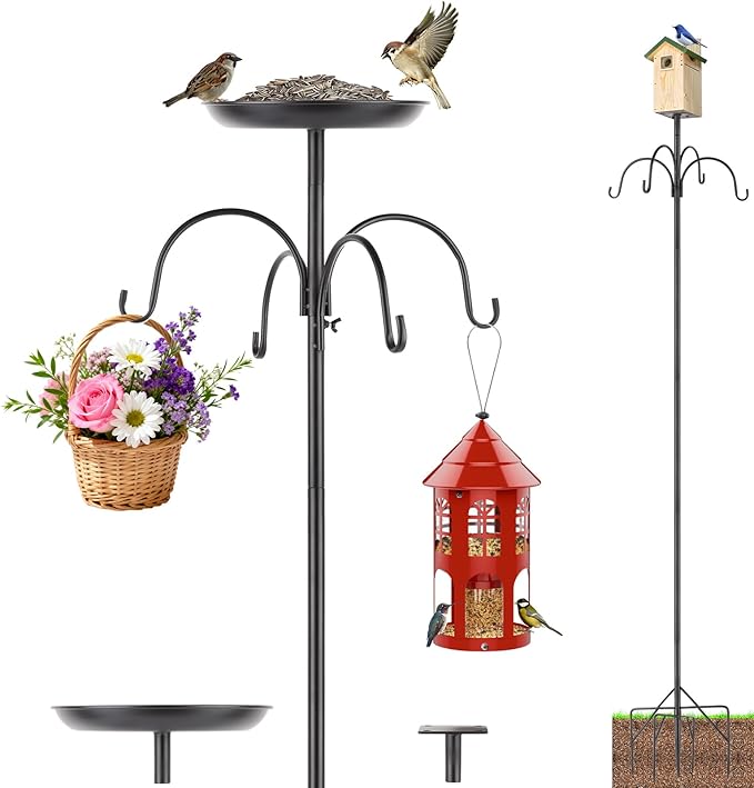 Eyrizon 4-Hook Shepards Hooks for Outdoor,90 Inch Bird Feeder Pole with 5 Prongs Base|Metal Tray&Birdhouse Platform,Heavy Duty Garden Hooks for Hanging Plant Baskets,Solar Light Lanterns,Wind Chimes