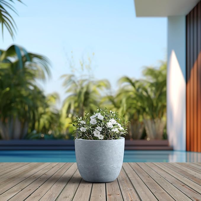 Kante Round Concrete Planter, Large Outdoor Indoor Garden Pots with Drainage Hole, 14-Inch Diameter Flower Pots for Patio, Garden and Home, Slate Gray