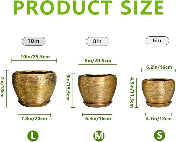 Flower Pots for Indoor & Outdoor Plants - Ceramic Pots 10 Inch, 8 Inch, 6 Inch with Drainage Holes, Saucers - Decorative Large Planters Set of 3 Gold