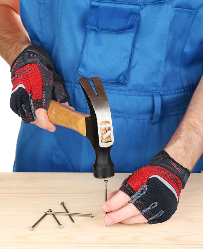 HANDLANDY Fingerless Work Gloves for Men, Half Finger Working Glove Grip Shock-Absorbing Breathable Uwrist TPR Anti-Collision Gloves for Mens & Women (L)