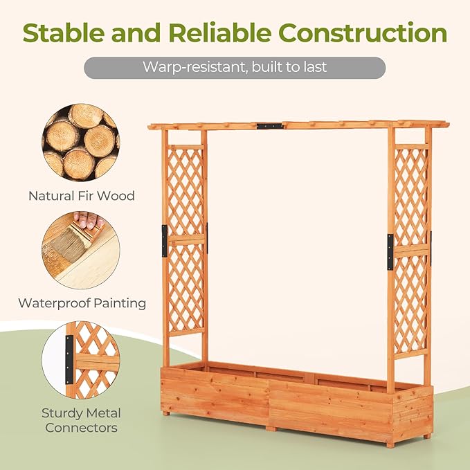 HAPPYGRILL Raised Garden Bed with Trellis, Freestanding Wood Planter Box w/Hanging Roof & Drainage Holes for Vine, Climbing Plants, Flowers, Outdoor Planter with Trellis for Garden, Patio, Yard (2)