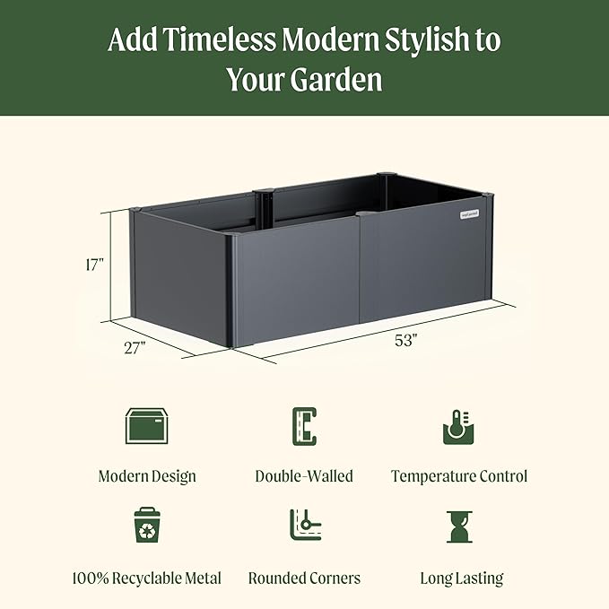 Vego garden Modern Raised Garden Bed 17" Tall 27" x 53" Heavy Planter Box for Trees Plants Flowers Double-Walled Metal Planters for Commercial Residential Patio, Urban Charcoal