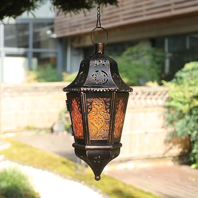 DECORKEY Ramadan Lantern Decorative Indoor & Outdoor, 13.6’’ Vintage Decorative Hanging Lanterns with Chian for Home Porch Patio Decor, Metal Christmas Moroccan Candle Holder Decorations (Amber)