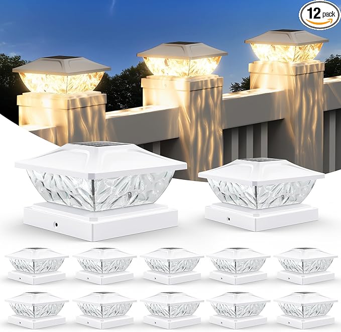 ENSLI 12 Pack Solar Post Cap Lights, 2 Mode Bright Solar Post Lights Outdoor Waterproof, Outdoor Post Lights Solar Powered Deck Lights for 4x4 4.5x4.5 5x5 Posts in Garden Decor