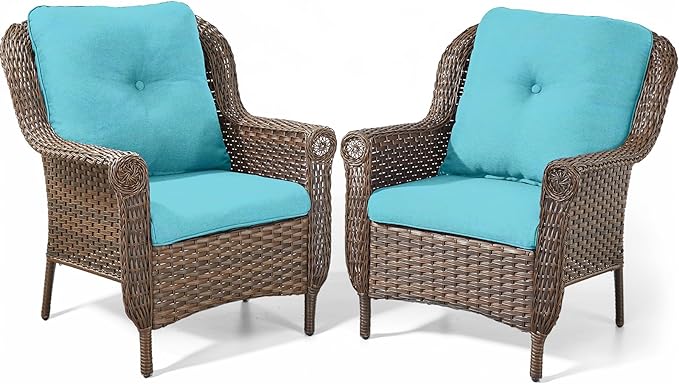 Patio Wicker Chairs Outdoor Furniture Chair - Set of 2 Outside All Weather Lawn Dining Brown Rattan Armchair with High Back&Deep Seating for Deck Porch Balcony Backyard Garden - Turquoise