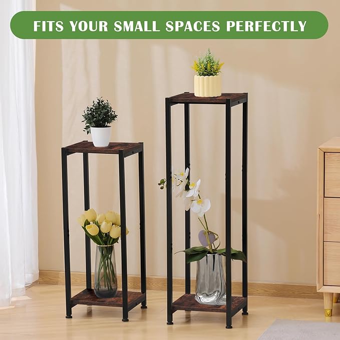 Dipion Extra Tall Plant Stand Indoor,40 Inch Plant Stands,2 Tier Metal Plant Stand with Heavy Duty Wood,Rustic Brown and Black