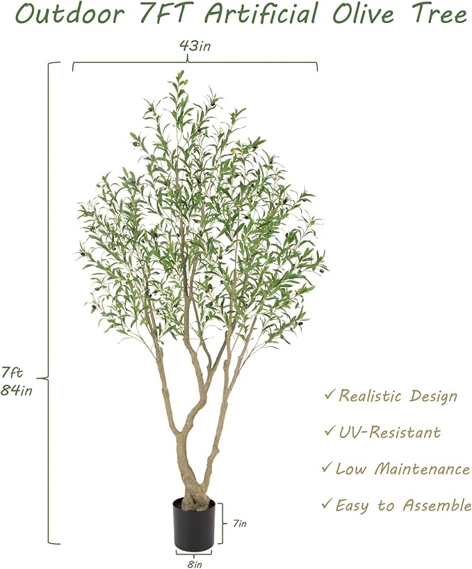 7ft UV Resistant Realistic Artificial Olive Tree Outdoor, 84in Tall Faux Olive Tree for Outdoor with Lifelike Leaves and Branches, Fake Olive Tree for Home Office Living Room Patio Decor.
