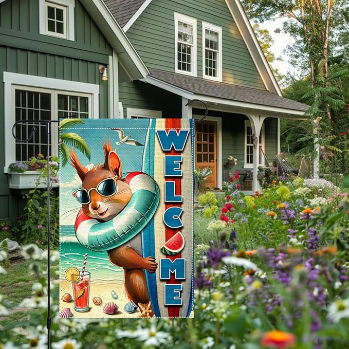 Welcome Garden Flag 12.5X18 Inch Double Side Burlap beach Surfboards Squirrel Summer Garden Flags Home Outdoor Yard Lawn Coastal Decorations