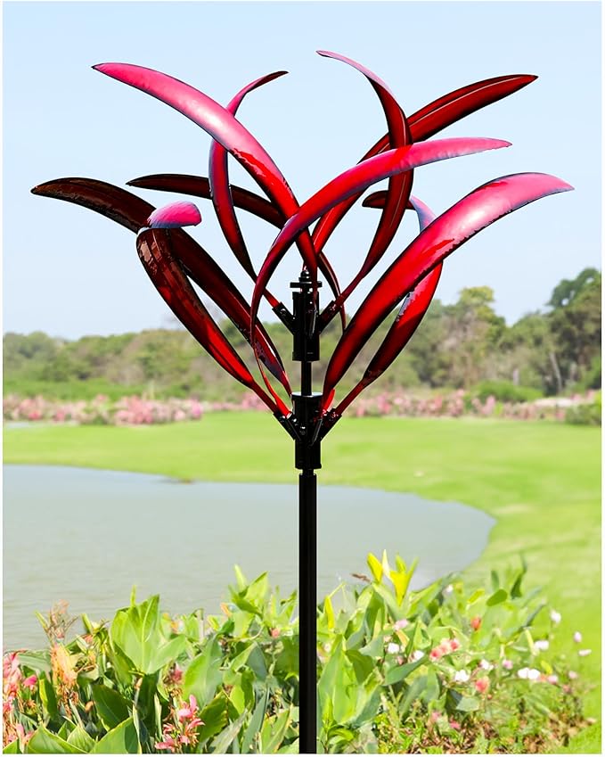 Cyan Oasis 82 inch Wind Spinners Outdoor - Extra Large Metal Wind Sculptures & Spinner with Stake, Big Clearance Windmills for The Yard and Garden, Tall Yard Art Decor-Burgundy Red