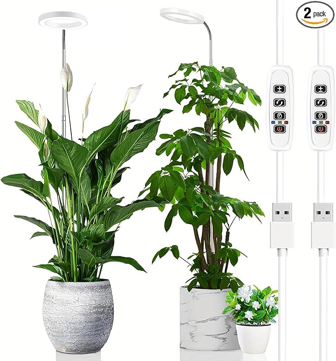 Grow Light for Indoor Plants, 6.3" Full Spectrum LED Plant Grow Light, 11.8-63in Height Adjustable Growing Lamp with Auto Timer 3H/9H/12H, 10 Dimmable Levels (White 2 Pack)