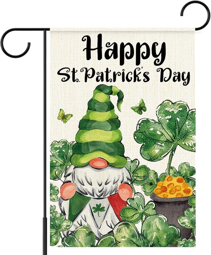 Happy St Patricks Day Garden Flag 12x18 Inch Double Sided,Gnome Shamrocks Outdoor Irish Decor House Porch Flag for St Patrick's Day Party and Yard Decorations