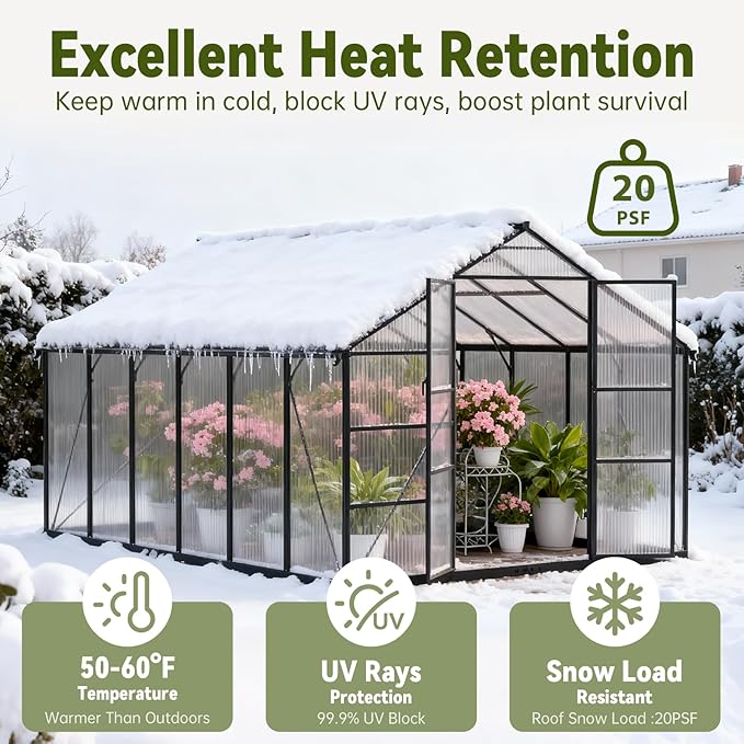 10X12 FT Greenhouse for Outdoors, Polycarbonate Walk-in Green House for Outside, Reinforced Aluminum Frame Greenhouses, Heavy Duty Garden, Patio, Backyard Flower Planting