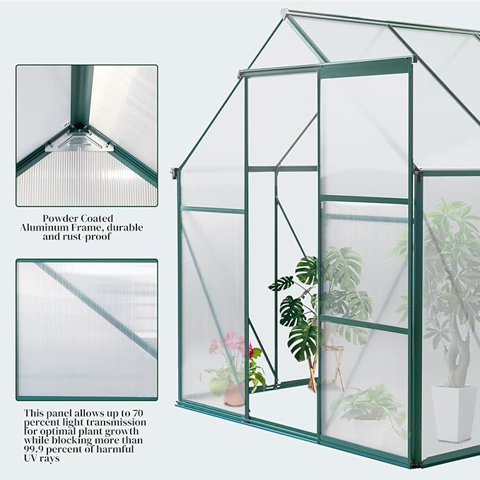 VINGLI Greenhouse, 6x8 FT Heavy Duty Polycarbonate Greenhouse with 5 Roof Vents, Aluminum Frame, Sliding Doors, Green