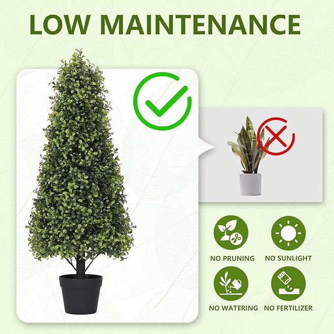 Azoco 3ft Artificial Boxwood Topiary Trees (Set of 2) - UV Resistant Faux Plants Outdoor, Realistic 36in Fake Cone Bushes and Shrubs for Front Porch, Planter, Patio - Low Maintenance & Evergreen