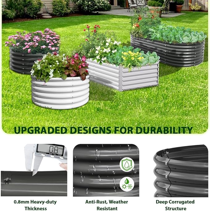 A ANLEOLIFE 6 Pcs 12X3X1.5 ft Oval Extra Large Galvanized Raised Garden Beds Outdoor for Planting Vegetables Flowers Herb, Quartz Grey