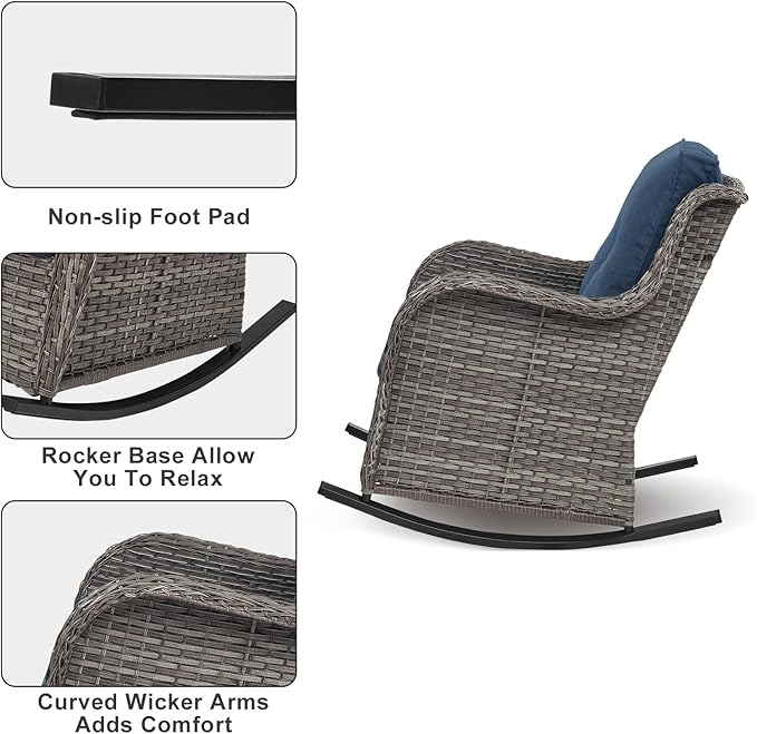 Rilyson Patio Chairs Outdoor Rocking Chair - 3 Piece Wicker Patio Bistro Set Rattan Patio Furniture Rocker Chairs and Side Table for Porch Deck Backyard Garden(Mixed Grey/Blue)