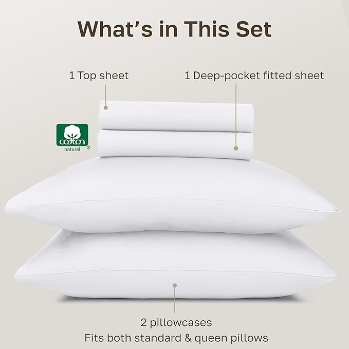 California Design Den 100% Egyptian Cotton Bed Sheets Full, Certified Authentic Luxury, Deep Pocket Full Size Sheets Set, Soft Sateen Breathable Sheets for Hot Sleepers, White Cotton Sheets Full