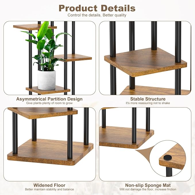 YOCOMEY 6 Tier Wood Tall Plant Stand Metal Rack Indoor, Multiple Flower Pot Holder Shelves Corner Rack, Planter Shelf Display Rack Storage Organizer for Patio Living Room Balcony Garden(Black)
