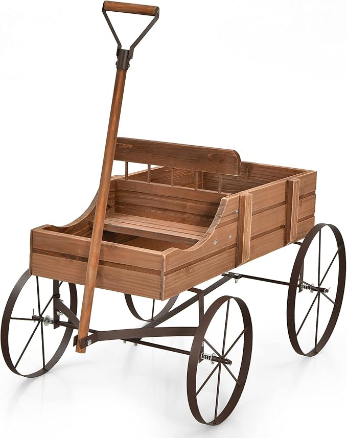 Giantex Decorative Garden Planter, Small Wagon Cart with Metal Wheels, Wood Raised Beds Plant Pot Stand for Backyard Garden Patio 24.5"x13.5"x24" (Natural)