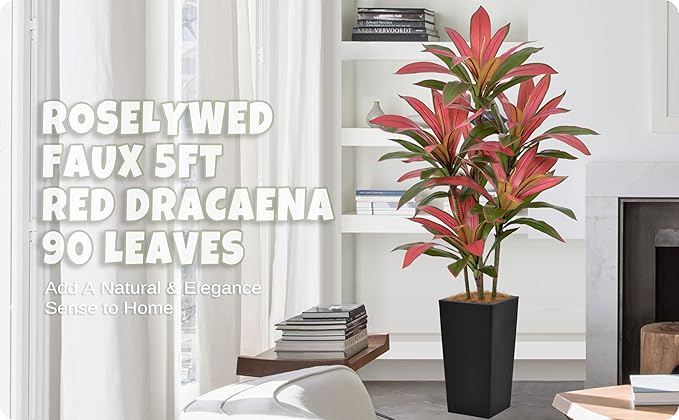 Roselywed Artificial Red Dracaena Tree 5FT with 90 Leaves & 6 Heads & Black Tall Planter Cover with Coconut Fiber Tall Faux Tropical Silk Bicolor Plant 60 Inch for Indoor Home Office Porch Mall Decor