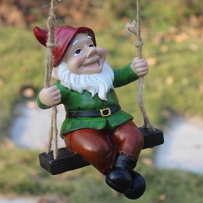 Garden Gnome Hanging Statue - Handpainted Resin Fun Outdoor Decor, Perfect for Patios, Gardens, Porches, or Lawns Great Christmas Tree Decor Halloween New Year