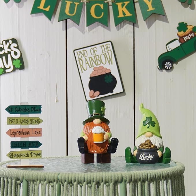 St Patrick's Day Gnome Decorations - 2PC Gnome Figurines with Lucky Shamrocks Beer Cups Pot of Gold Resin Faceless Dolls St. Patricks Day Farmhouse Décor for Home 2.75*2.25*4.75 in Newman House Studio