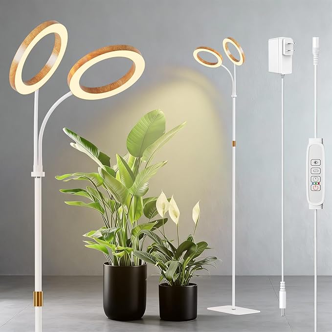 LPMZMBL Dual Head Grow Light for Indoor Plants Full Spectrum-Floor Standing Plant Lamp with Auto Timer 6/12/18H, 5-Level Dimmable & Adjustable Height 16.5-68in for Large Tall Plants | Faux Wood Design