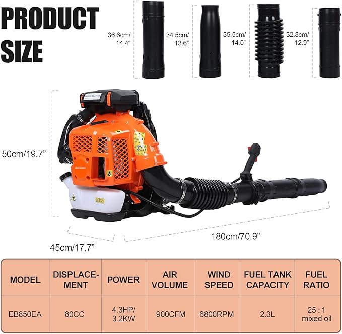 80CC Backpack Leaf Blower Gas Powered - 900 CFM | 4.3 HP | 206 MPH High Airflow Heavy Duty Commercial Gas Leaf Blower for Yard Lawn Care, Clears Leaves, Debris & Snow, EB850EZ