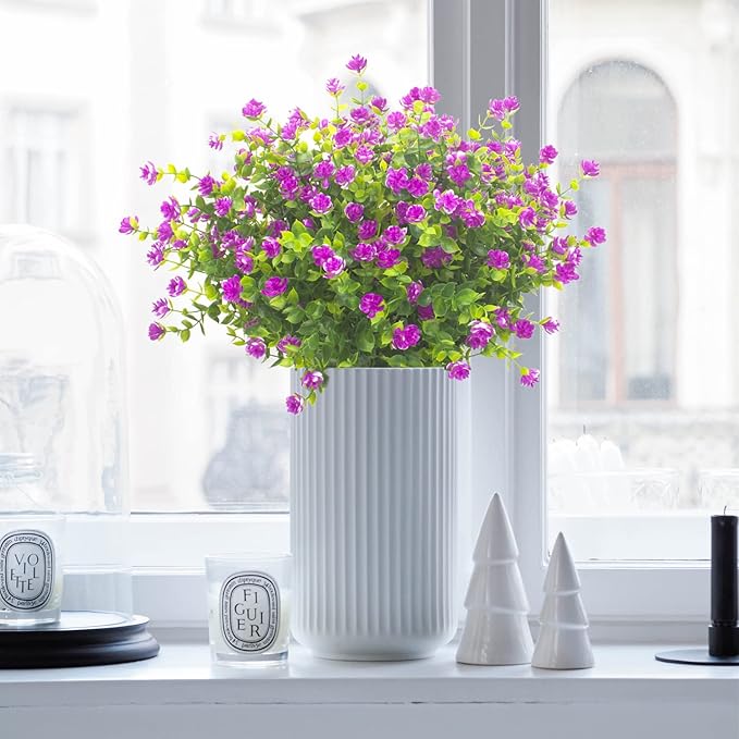 Grunyia 20 Bundles Artificial Flowers UV Resistant Fake Flowers No Fade Faux Plants Garden Porch Window Box Decorating (Purple)