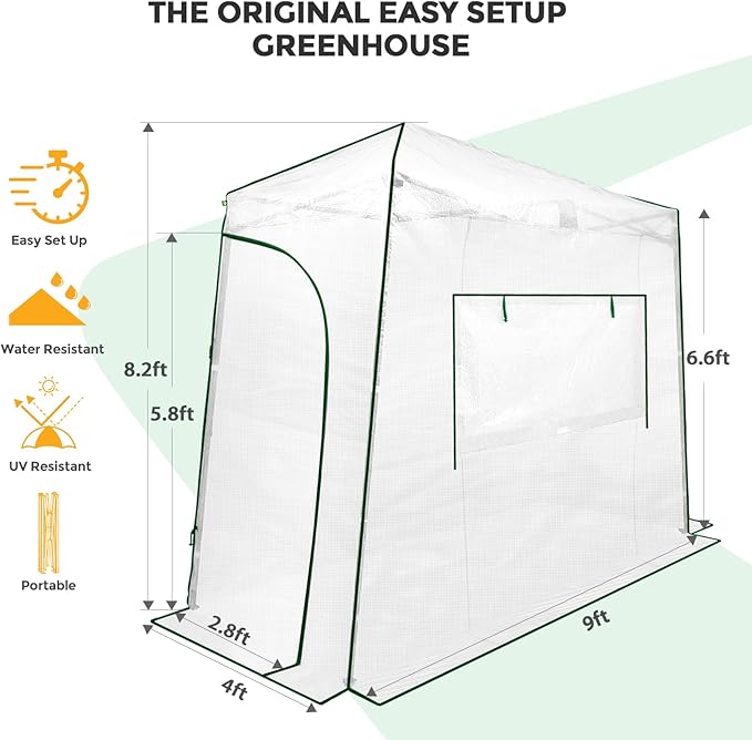EAGLE PEAK Instant Pop-up Greenhouse, Indoor Outdoor Plant Gardening Green House, Roll-Up Zipper Doors and Side Windows, Lean-to 9x4 ft, PE Cover, White/Clear