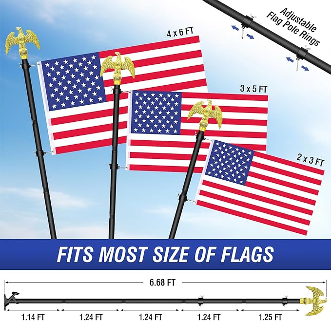 Flag Pole for Outside House, Outdoor Black Heavy Duty Porch 6 FT Flag Pole Kit, for Residential or Commerical, Tangle Free Flagpole (Include American 3 X 5 Flag, Wall Mount Holder, Eagle Shaped Head)