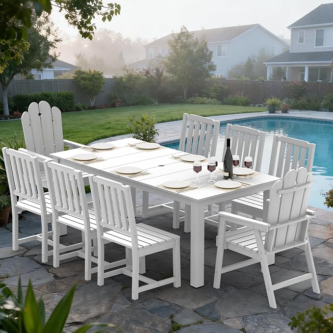 9-Piece Patio Dining Set, Outdoor Dining Set for 8, HDPE All-Weather Outdoor Furniture with 75.20” Umbrella Hole Table, 2 Armchairs & 6 Armless Chairs, White