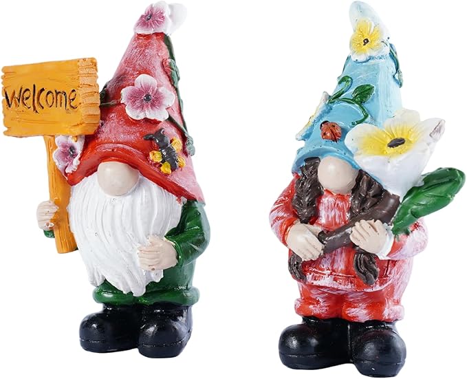 2-Piece Spring Flower Theme Gnome Resin Statues - Outdoor Patio & Lawn Garden Decor, Indoor Home Ornament, Dwarf Garden Figurines, Ideal Gift for Parents & Friends