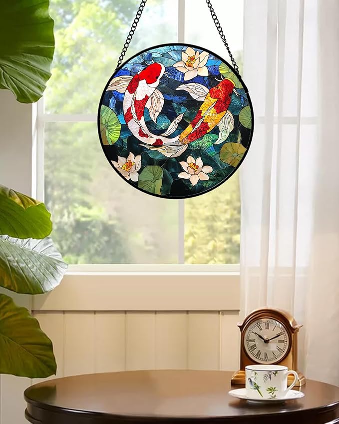 AMDERVEN Stained Glass Window Hanging, Koi and Lotus Sun Catcher for Door Home Decor Fish Suncatcher Christmas Mother's Day Birthday Gifts for Women Men Mom and Nana 11.8 in