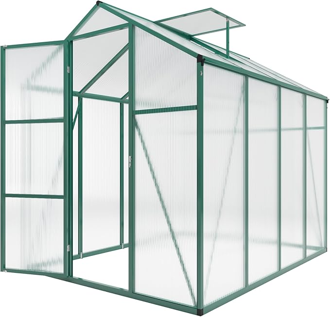 Greenhouse for Outdoors 6.1x8.1x7.2FT, Polycarbonate Green House with Roof Vent, Lockable Door and Ground Nails, Heavy Duty Aluminum Walk-in Greenhouse, Large Sunroom for Garden, Green