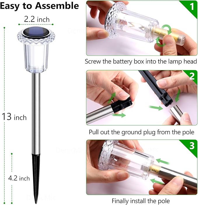 DenicMic Solar Lights Outdoor 10 Pack Waterproof 3000K Warm White LED Stainless Steel Stake Outside Lights for Yard Pathway Garden Driveway Walkway Landscape Path Lighting