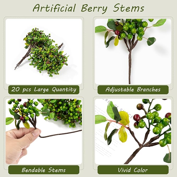 SHACOS Artificial Green Berry Stems 20 PCS Pack Fake Berries Branches Spray with Green Leaves 9.8 inch Small Berry Picks for Christmas Decorations Crafts Holiday Home Decor, Green